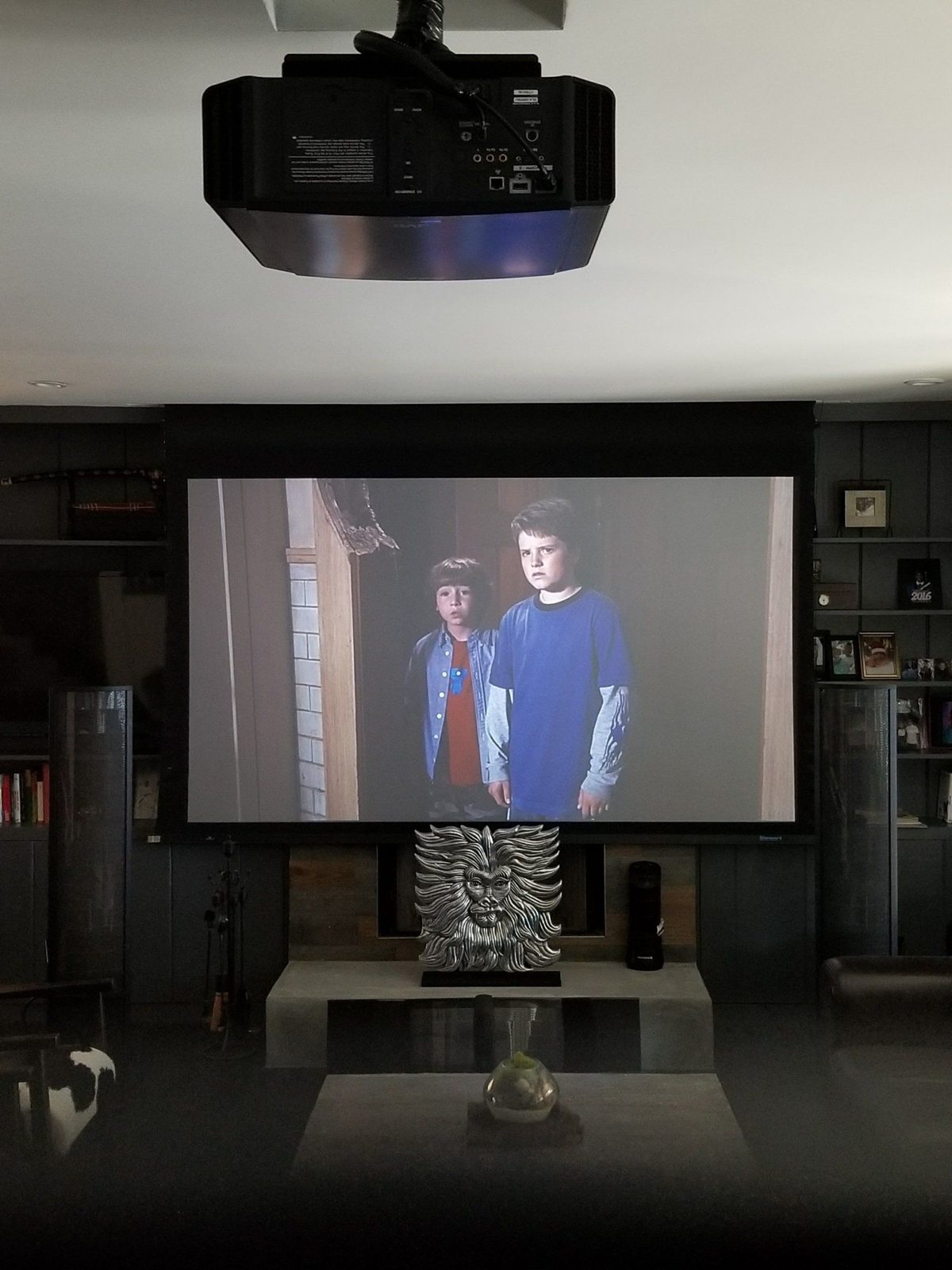 Home theater with ceiling projector and screen by Dr. Gadget
