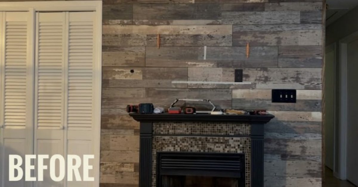Before: wood wall above fireplace without TV