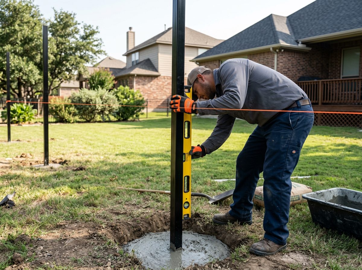 Fence installer setting a post in concrete