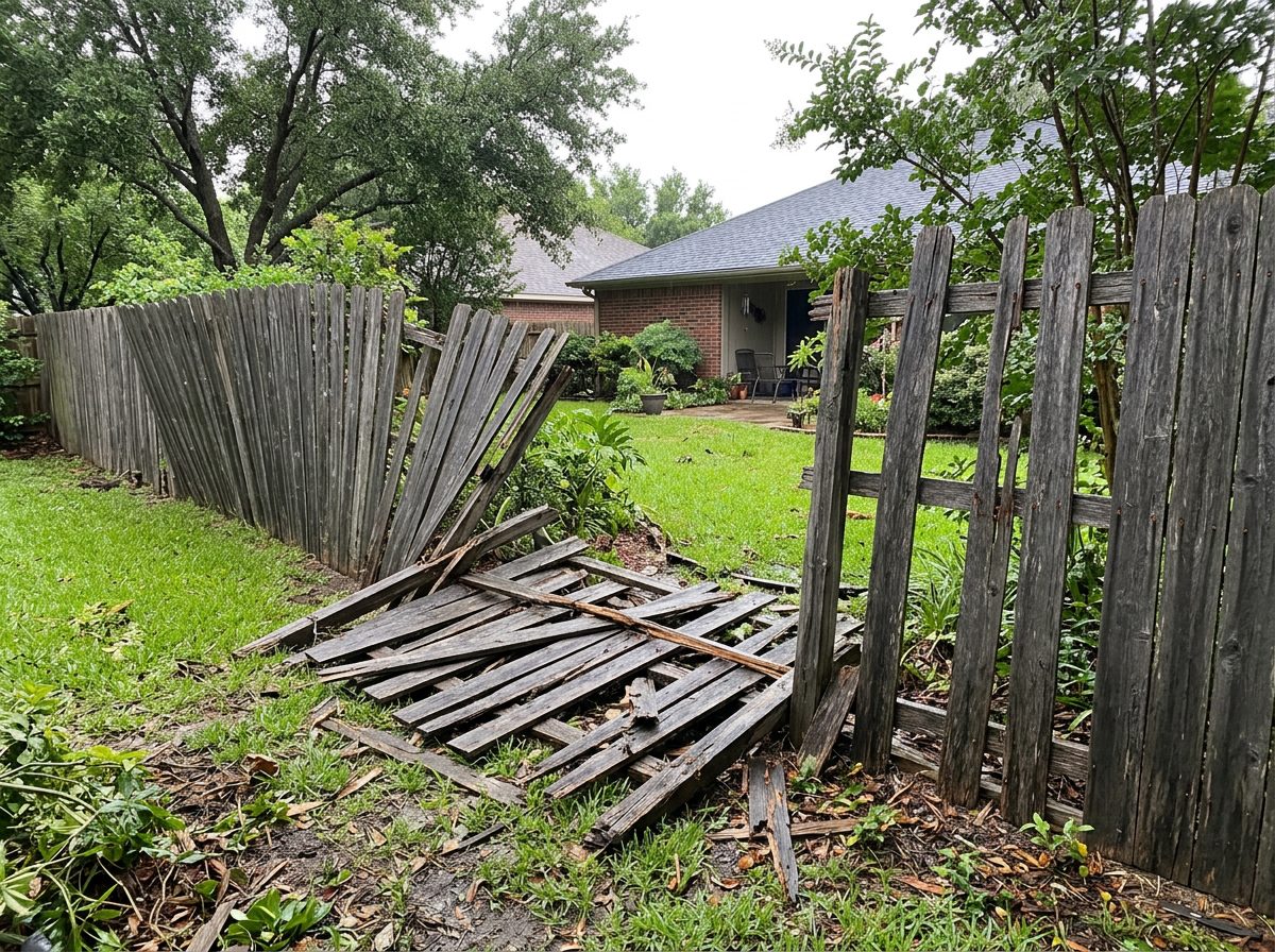 Old leaning wood fence before replacement