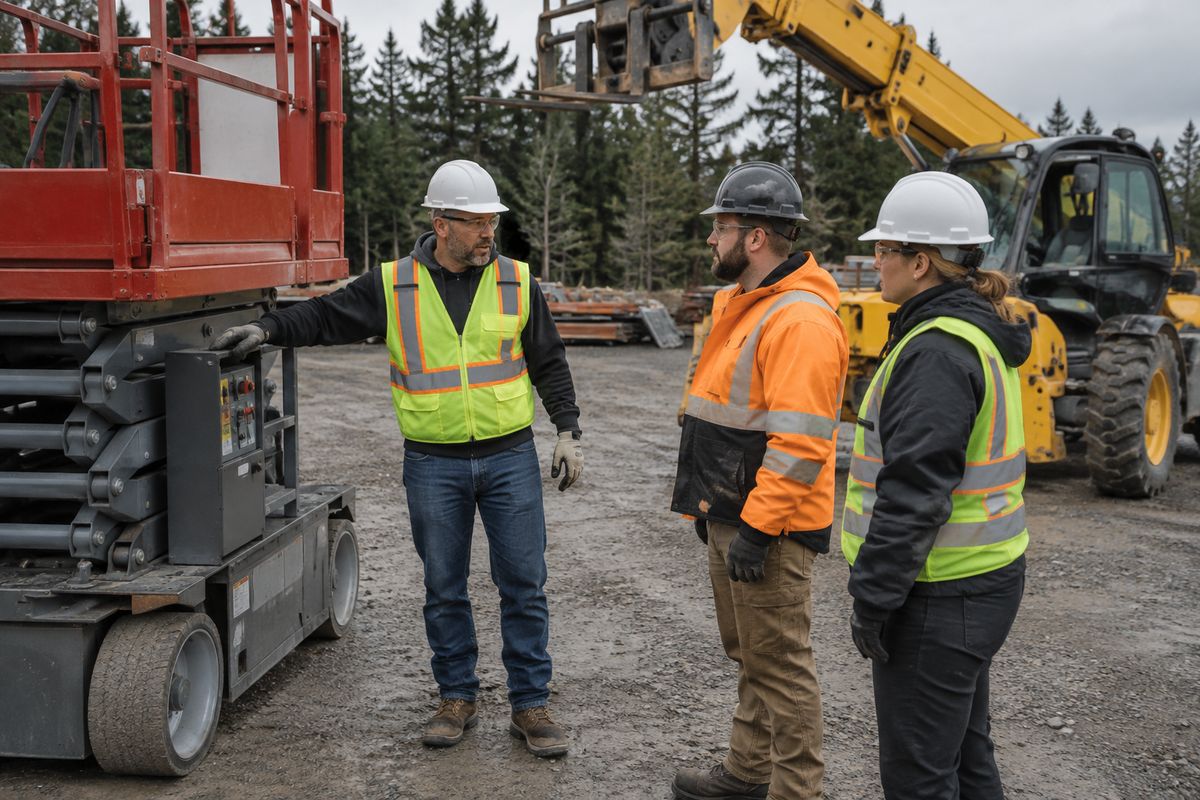 Instructor leading operator safety training beside a scissor lift