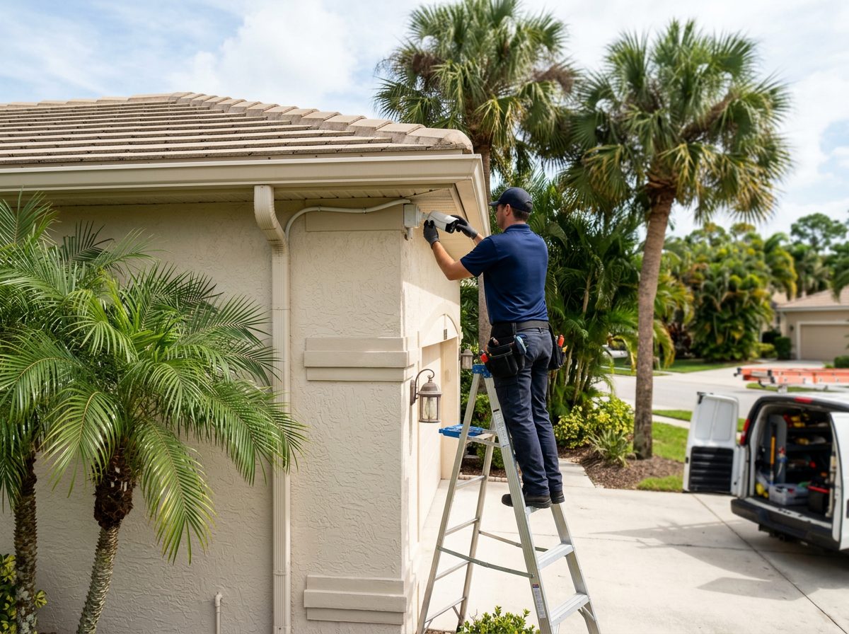 Technician installing a security camera on a Southwest Florida home