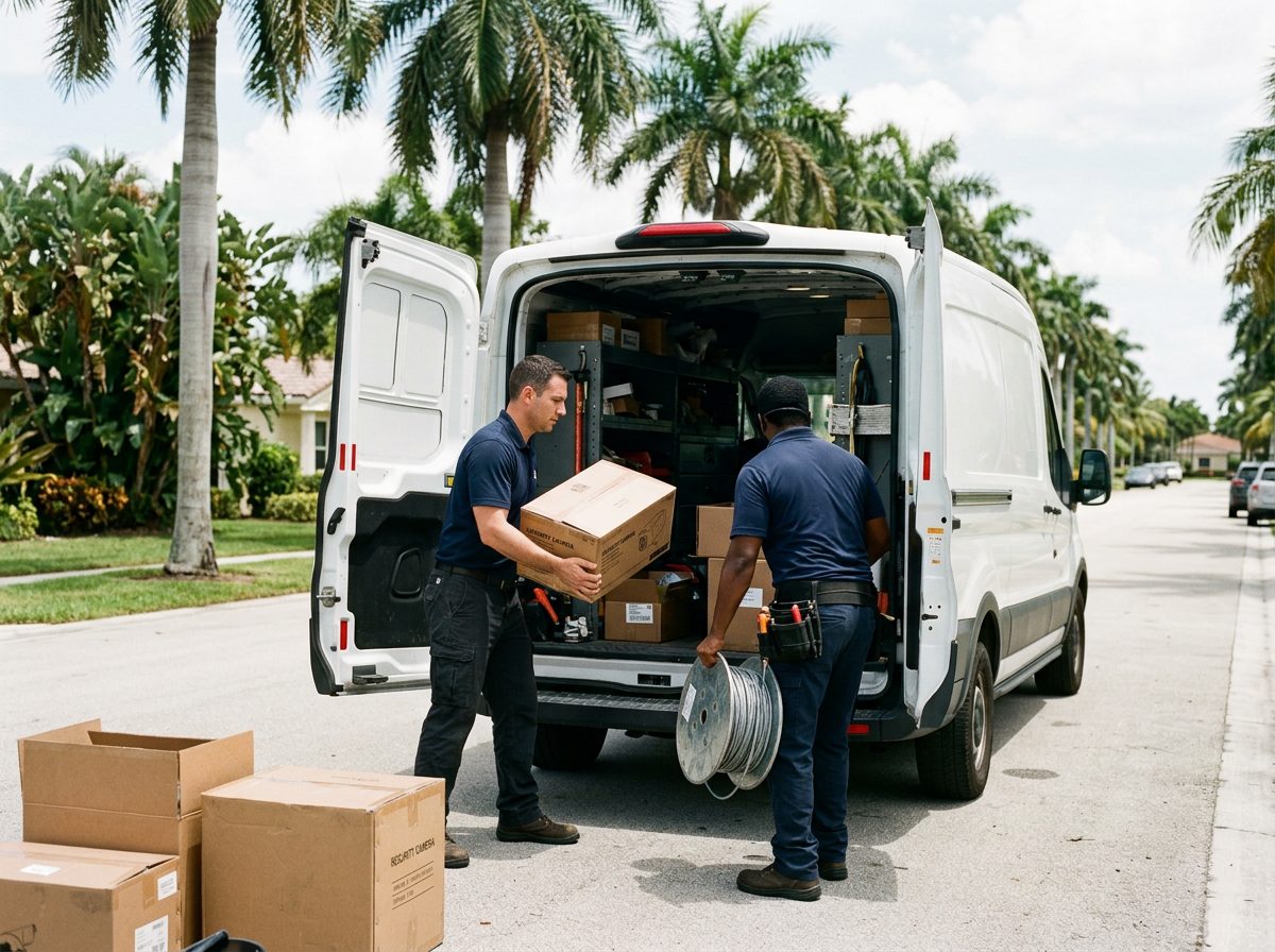 Securitech1 installers unloading camera equipment