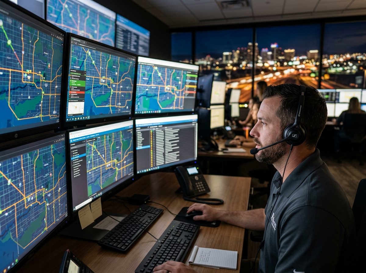 Tow dispatcher with headset at the dispatch desk