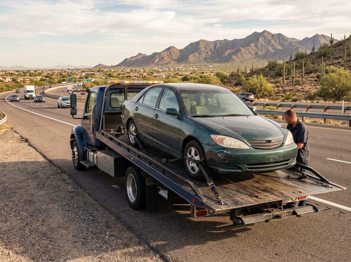 Car secured on a flatbed tow truck
