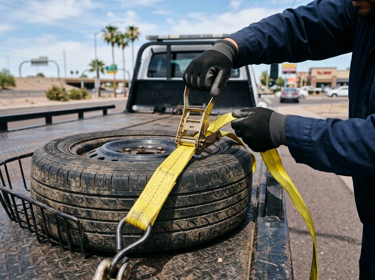 Redline Towing & Recovery operator strapping a car to a flatbed
